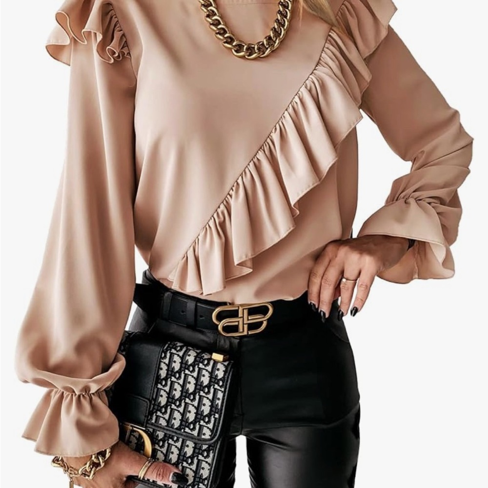 Women's Ruffled Tan Top/Blouse Long Sleeve - NWT